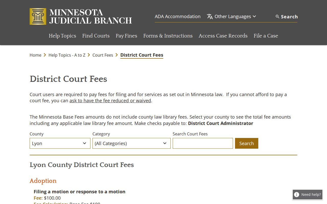Lyon County municipal warrant court fee table filtered to Lyon County