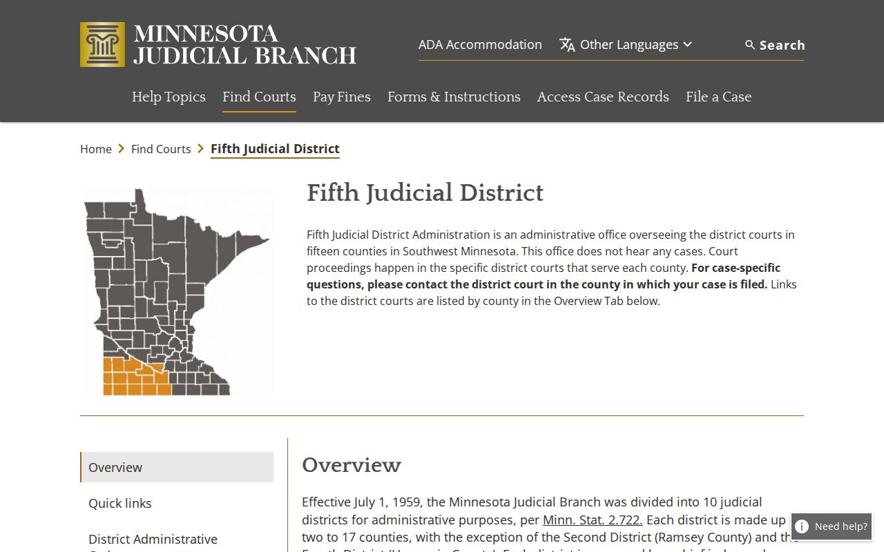 Lyon County municipal warrant court structure shown on the Fifth Judicial District page