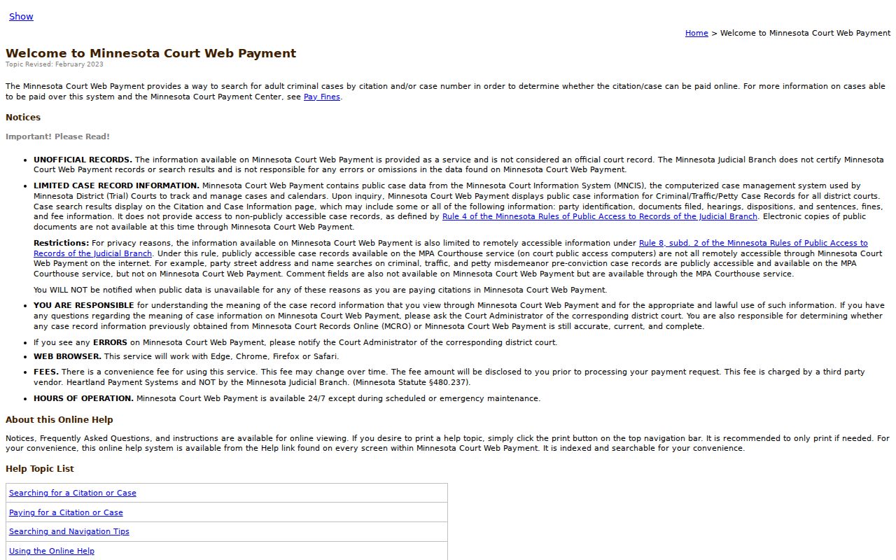 Lyon County traffic warrant payment center page with public access notice