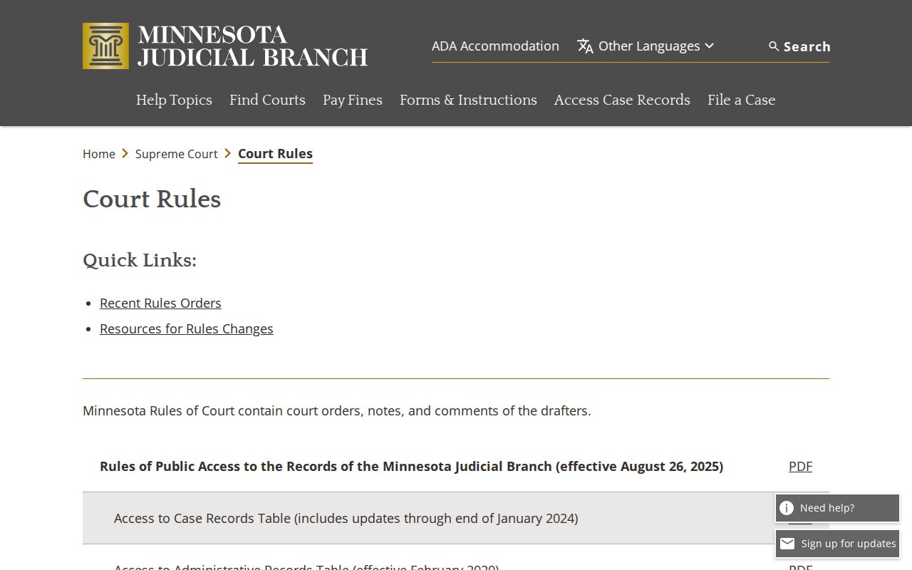Lyon County warrant records rules page listing current Minnesota court rules