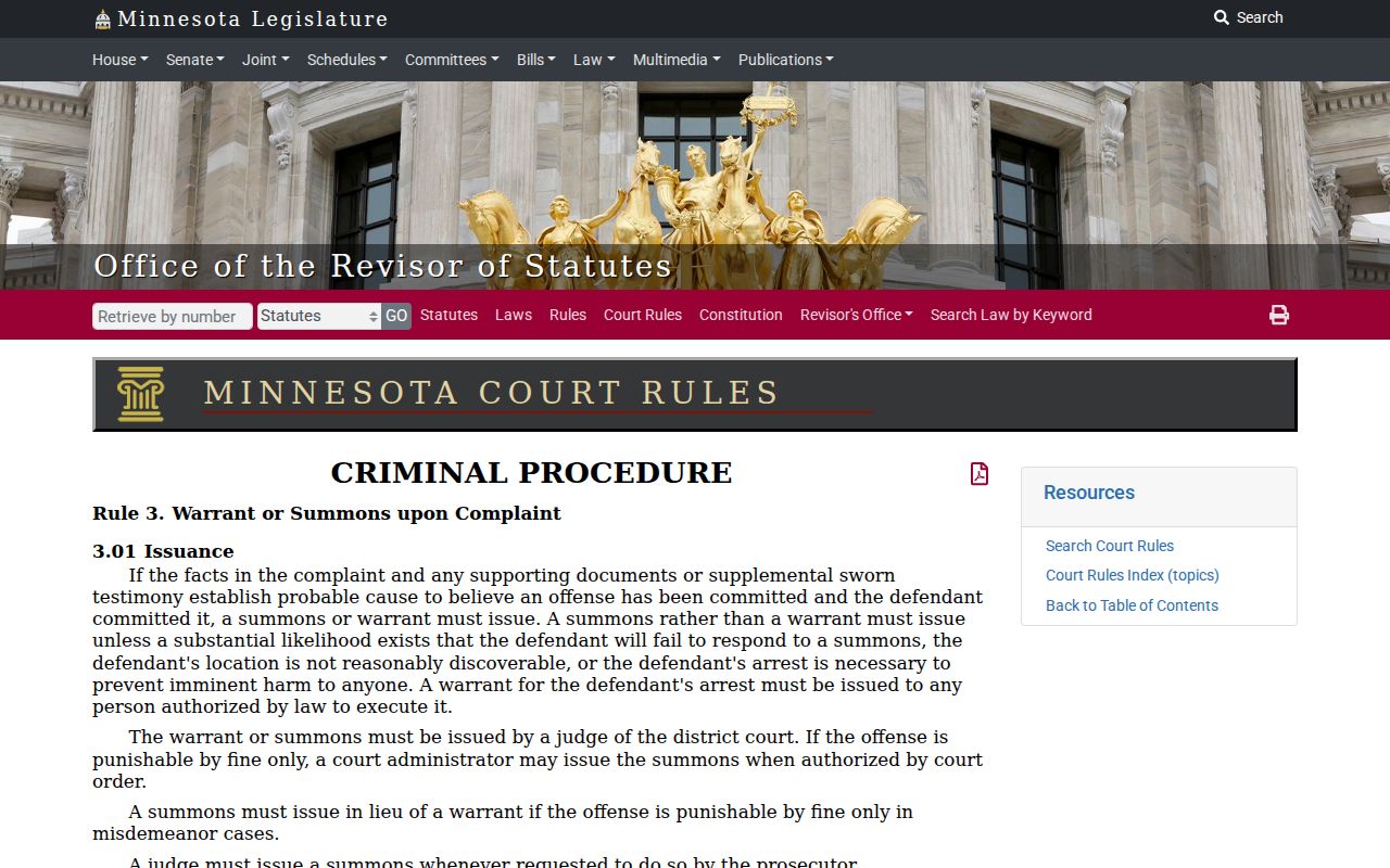 Lyon County arrest warrant rule page showing Minnesota criminal procedure Rule 3