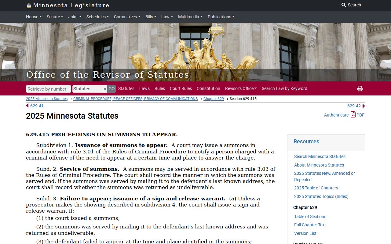 Lyon County bench warrant statute page for the Minnesota sign-and-release warrant