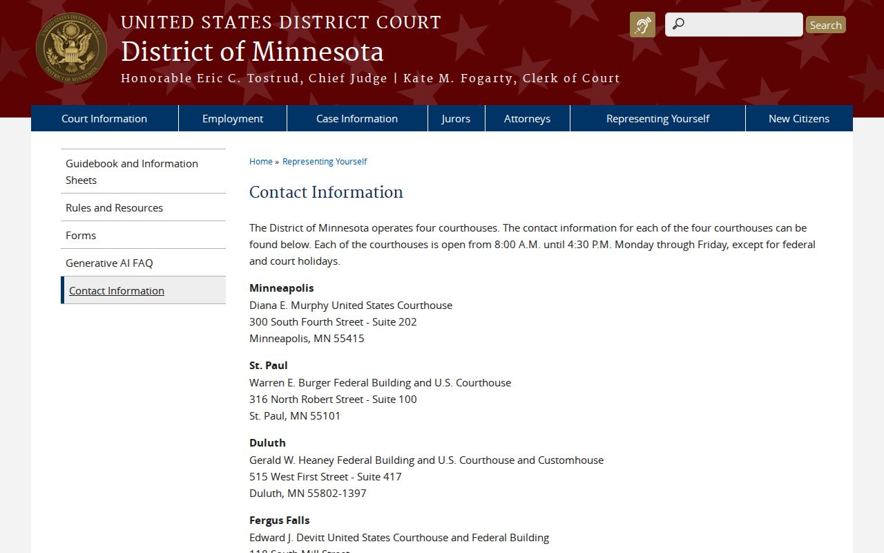 Lyon County federal warrant courthouse contact page for the District of Minnesota