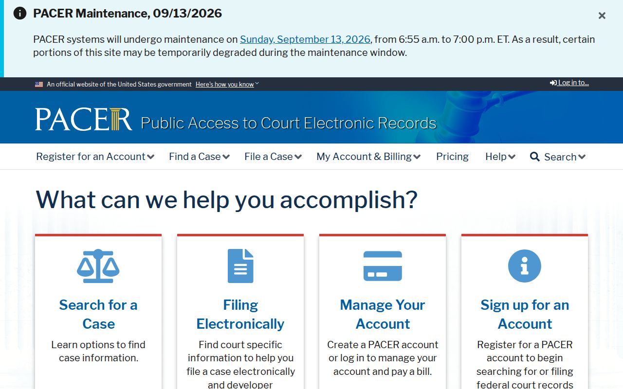 Lyon County federal warrant docket search page for PACER