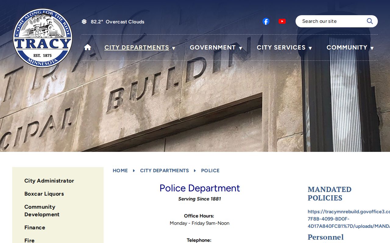 Tracy warrant records police department page with office hours and county links