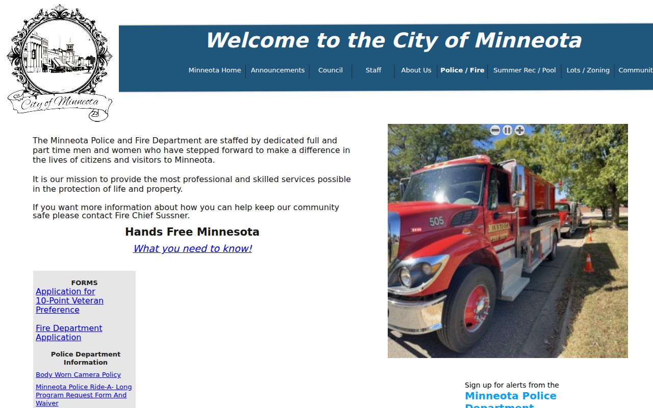 Minneota warrant records police and fire page with city forms and contacts